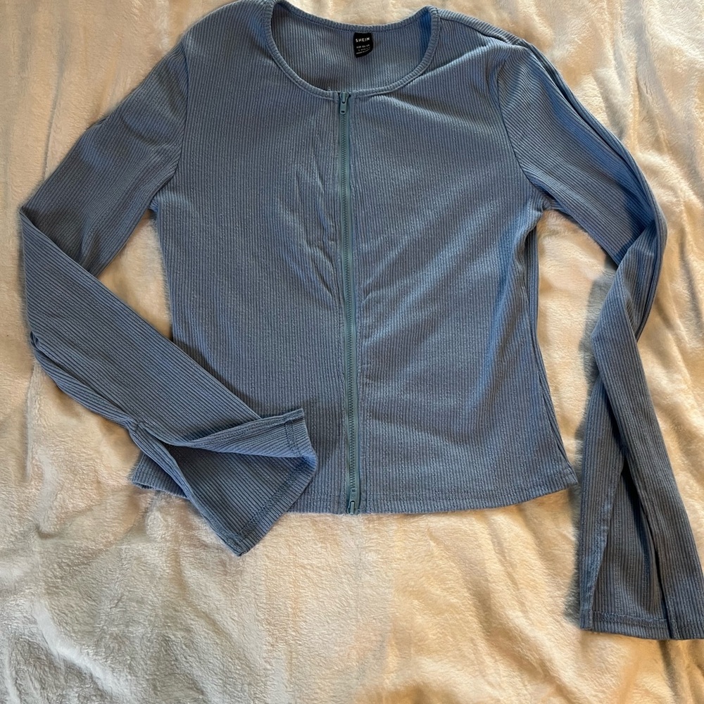 shein double zip up baby blue slim bodycon jacket with flare wrist #gym #shein